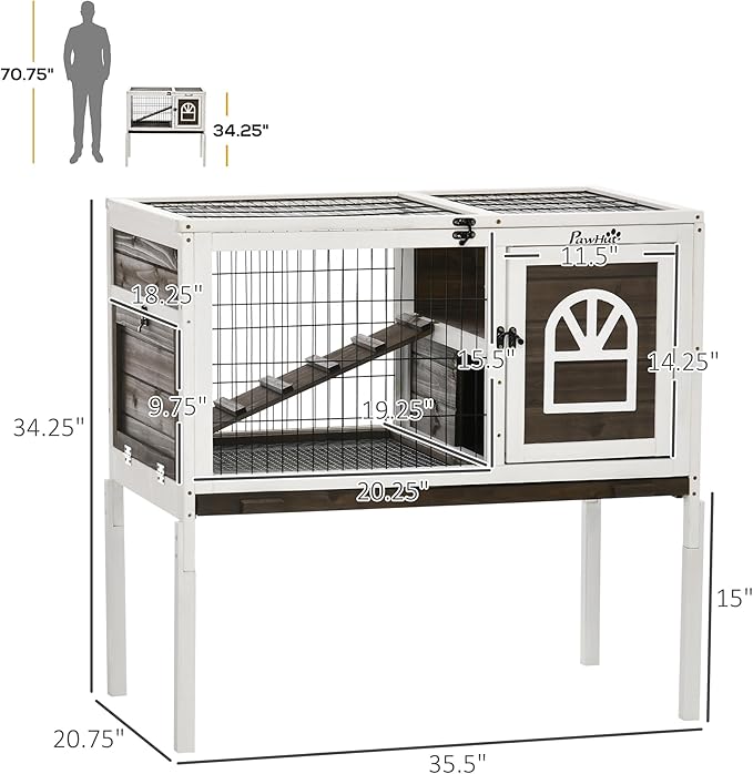 PawHut Wooden Rabbit Hutch, Indoor Elevated Guinea Pig Cage with Run, Ladder, Lockable Doors and Removable Tray, Coffee