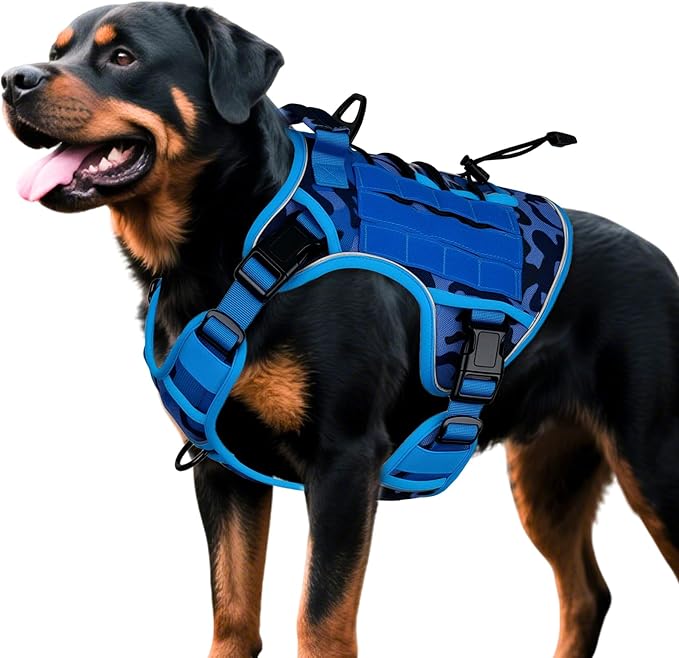 Heavy-Duty Tactical Dog Harness for Large Dogs, No Pull Adjustable Reflective Pet Vest with Molle System, K9 Military-Grade Control for Service Training, Outdoor & 10+ Breeds, Blue Camo, X-Large