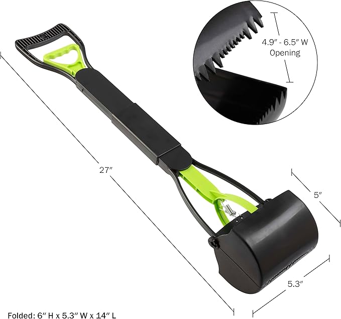 PETMAKER Pooper Scooper - Foldable Cat and Dog Poop Scoop with Ergonomic Handle - Enables One-Handed Use on Concrete, Grass, and Gravel (Green)