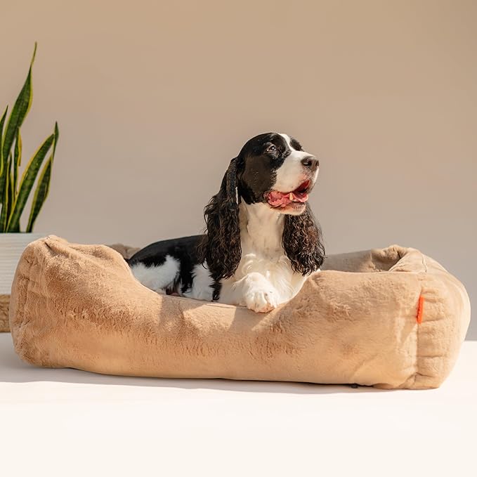 FUZI Luxury Aesthetic Dog Bed for Large Dogs with Washable Cover, Pet Couch, Pet Bed with Sides, Non-Slip Bottom, Soft and Durable Calming Dog Bed, Faux Rabbit Fur, Large 31.75x23.6x9.5 Light Brown