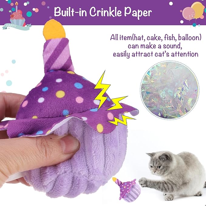 BINGPET Cat Birthday Catnip Toys for Indoor Cats,Cat Birthday Hat,Bandana and Cat Birthday Cake Interactive Plush Kitten Chew Toys,Cute Fish,Balloon Toys with Crinkle Paper and Catnip Inside(Purple)