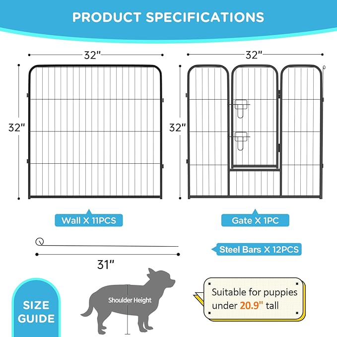 BestPet Dog Playpen Indoor 32 inch 12 Panels Metal Dog Pen Pet Dog Fence Outdoor Exercise Pen with Doors,Pet Puppy Playpen for RV Camping Yard, Black