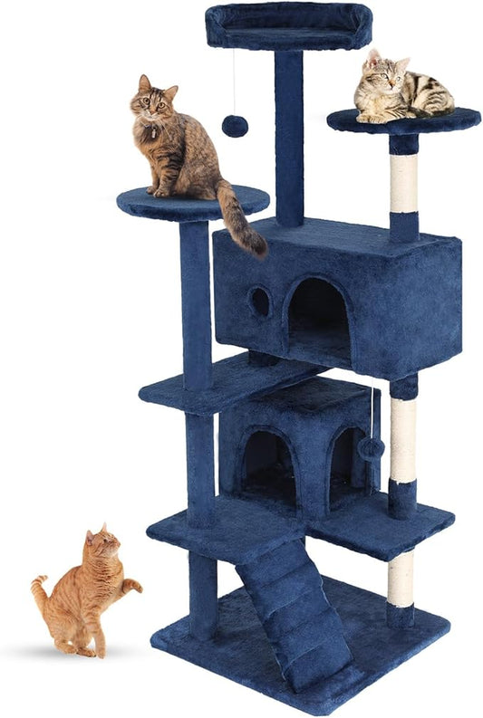 FDW Cat Tree 54in Cat Tower Multi-Level Durable Cat Scratching Post & Cozy Fun Cat Jumping Platform Space Saving Cat Condo Pet Play House for Indoor Cats,Navy Blue