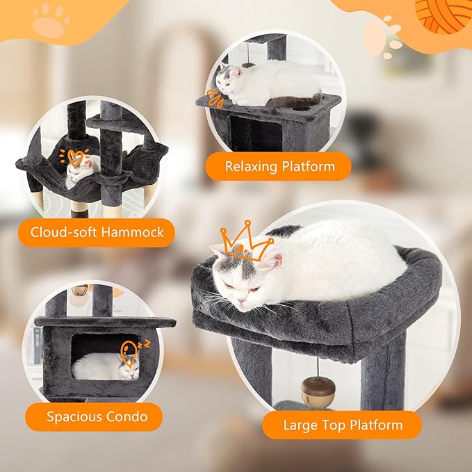 KITTY KINGDOM 65in Large Cat Tree Condo Furniture for Indoor Kitties, Multi-Level Cat Tower with 4 Scratching Posts, Cat Cave, Hammock, Perch & Reinforced Base, Plush Gray