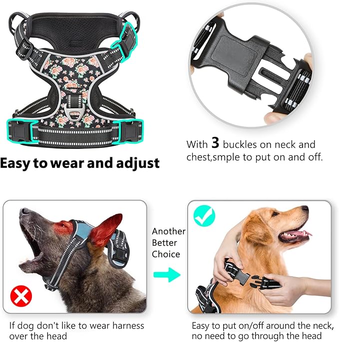 Timos Dog Harness, NO Need Go Over Dogs Head 3 Snap Buckles with 2 Leash Clips, Adjustable Soft Padded No-Pull Dog Harness, Reflective No-Choke Pet Oxford Vest for Small Medium Large Dogs