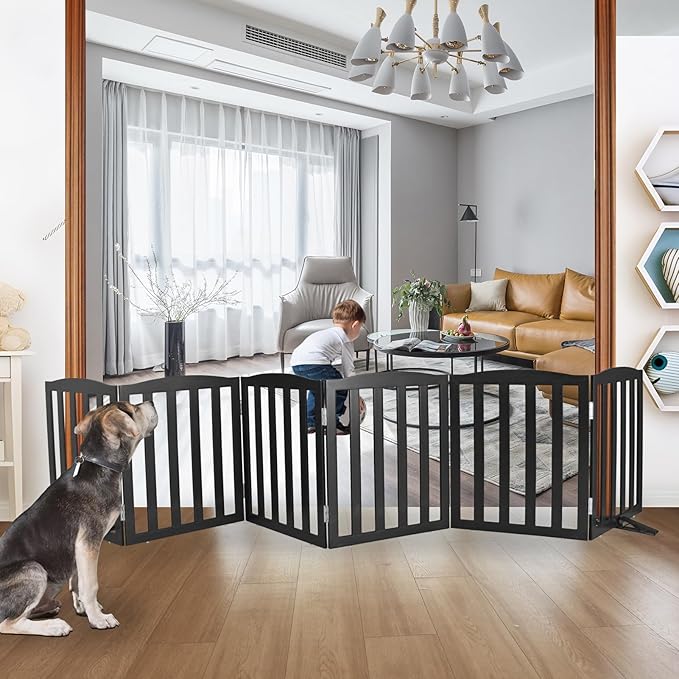 ZJSF Foldable Freestanding Indoor Dog Gate for House Wood White Long Pet Gates Dog Fence for Stairs Puppy Gates for Hallways, Puppy Gate,Support Feet Included, Black, 24 "Height-6 Panels