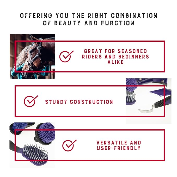 Weaver Equine 6-Piece Horse Grooming Kit, Ergonomic Gentle Horse Care Kit, Equestrian Supplies for Bathing Support, Detangling, and More, Purple/Black