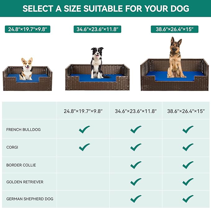 YITAHOME Rattan Dog Sofa Bed with Cushion,Wicker Pet Bed Sofa Couch Indoor Outdoor Water Resistant for Large Medium Small Dogs Cats (34.6''L*23.6''W*11.8'',Blue)