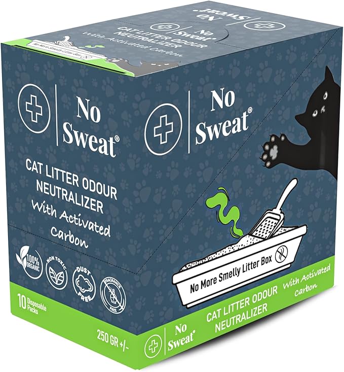 No Sweat Activated Carbon Cat Litter Odour Neutralizer- Made Of Coconut Shell -All Natural - None Chemical,Toxic Ingredients- Non-Scented-Planet Friendly-Disposable 10 Packs in One Box 250 GR