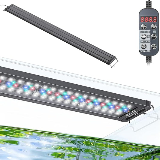 Pawfly 42W 24/7 Aquarium LED Light for 48" to 54" Tanks Extendable Fish Tank Light with Full Spectrum White Blue Red Green Lights with D/N Mode Single Color Effects Timer and Adjustable Brightness