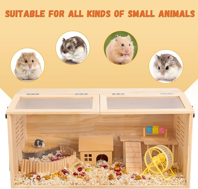 Wooden Hamster Cage,40" L x 20" W x 20" H Animal Cabinet for Dwarf Syrian Hamsters Degus, Hamster Habitat with Openable Top and Large Acrylic Sheets.