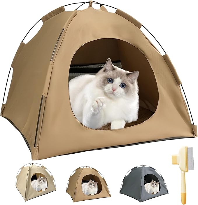 BreezyDen Pop-Up Pet Tent – Portable Hideaway for Cats & Small Dogs, Portable Indoor/Outdoor Pet Tent House with Mesh Window, Waterproof, Breathable, Scratch-Resistant, Fully Washable (Brown,L)