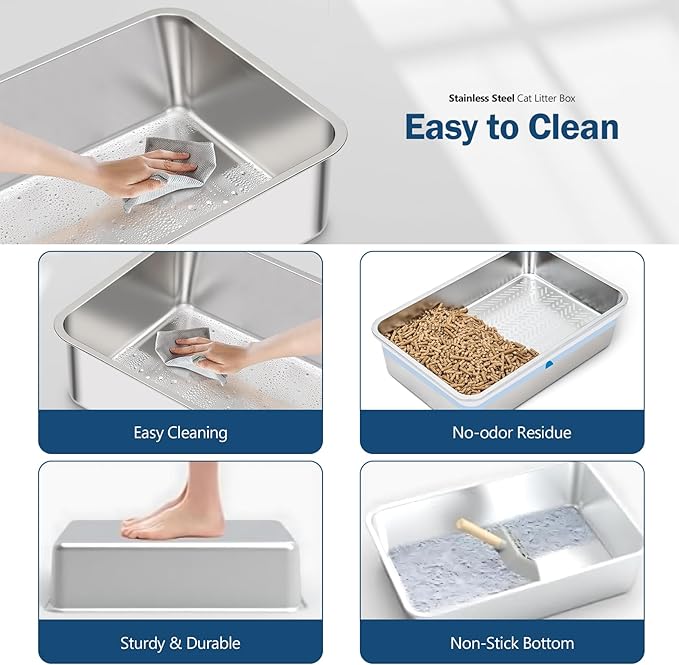 Stainless Steel Sifting Litter Box with Lid, Metal Litter Pan with Scoop for Big Cats Multi Cat, Extra Large Cats Litterbox Odor Control Easy Clean (23*15.4*6.9inch-Without Enclosure, X-Large)