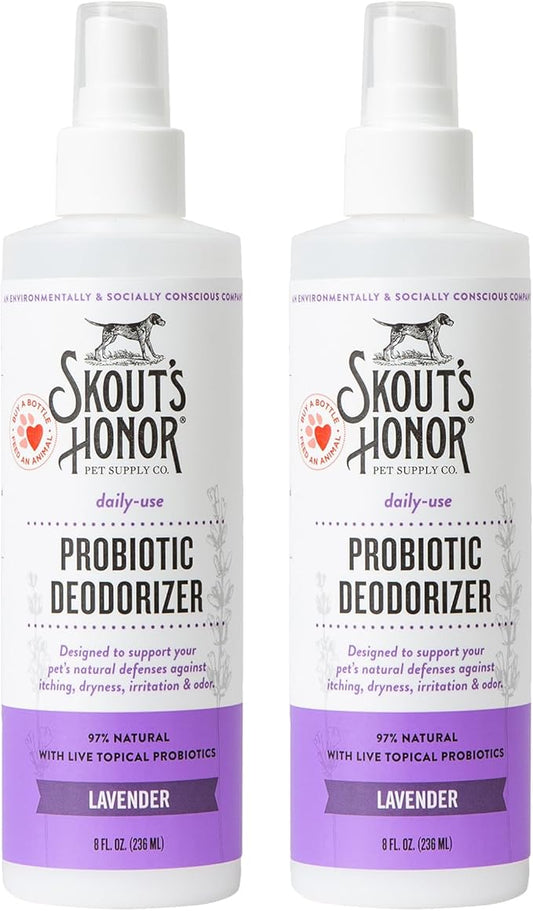 SKOUT'S HONOR Pet Probiotic Deodorizer Spray- Hydrating Daily-Use with Avocado Oil & Omega-3s, Microbiome Friendly Certified, Paraben & Sulfate-Free, 97% Natural, 8oz, Lavender, 2-Pack