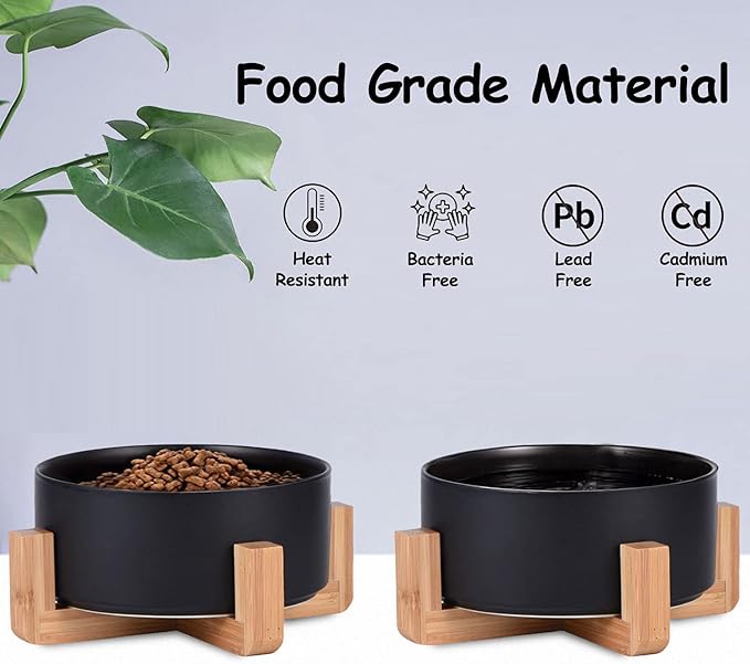 Petygooing Ceramic Black Cat Dog Bowl Set with Stand,Small Dog Bowls, Pet Food and Water Dish, Anti Slip Set of 2 Cat Bowl-Pet Food Dishes- Pet Bowls Small Size Pet (13.5OZ/5.1 in)