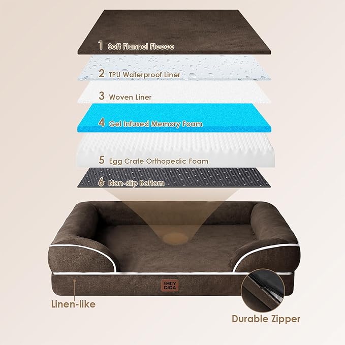 EHEYCIGA Orthopedic Dog Beds for Extra Large Dogs, Waterproof Memory Foam XXL Dog Bed with Sides, Non-Slip Bottom and Egg-Crate Foam Big Pet Couch Bed with Washable Removable Cover, Brown