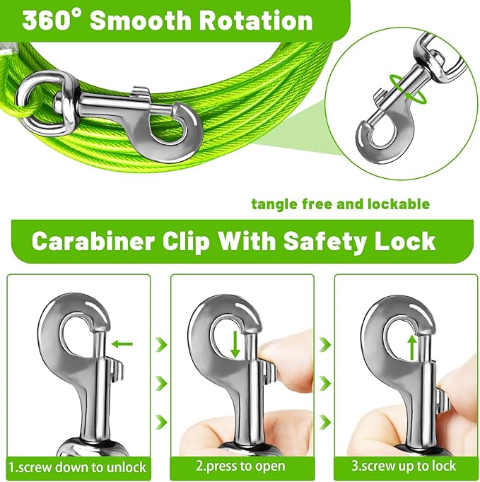 Dog Tie Out Cable 10/15/20/25/30 FT Runner for Yard Steel Wire Cable with Durable Superior Clips Green Chains for Outside Dog Lead for Large Up to 165 Lbs