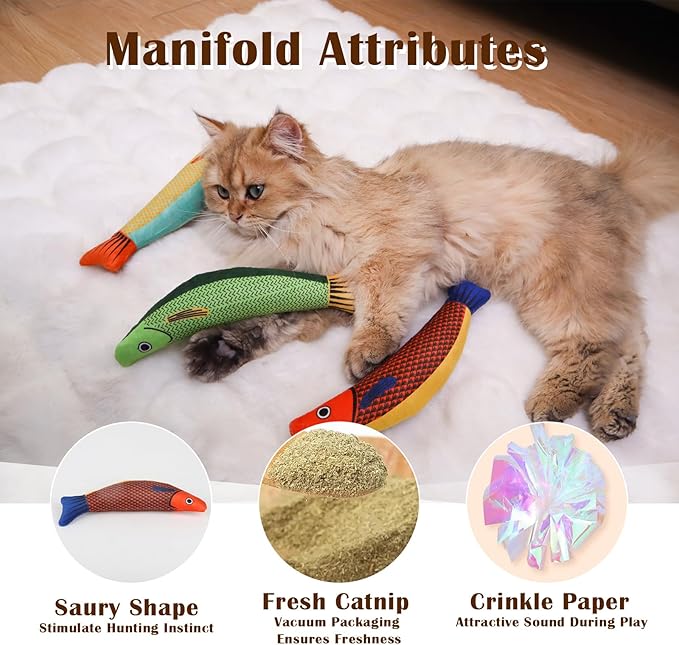 Cat Toys 4 Pack, Fish Shaped Catnip Toys with Crinkle Sound, Durable Interactive Chew & Kicker Toys for Indoor Cats, 8.1 Inch for All Breeds
