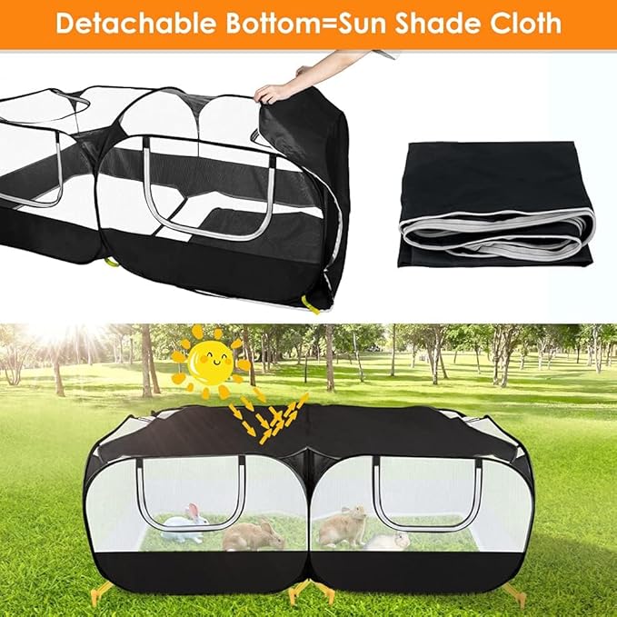 Lukovee Small Animals Playpen, Chicken Pen with Escape-Proof Detachable Bottom & 4 Zipper Doors, Breathable Foldable Portable Large Chicken Run Coop for Puppy Duck Kitten Rabbits Outdoor Yard (Black)