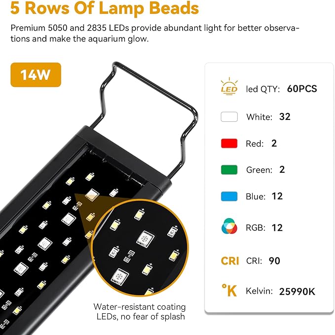 hygger 14W LED Aquarium Light, 12-18 Inch Fish Tank Light with Timer Auto On/Off, Sunrise Sunset Mode, Adjustable Brightness and Colors, Full Spectrum Light with Extendable Brackets for Freshwater