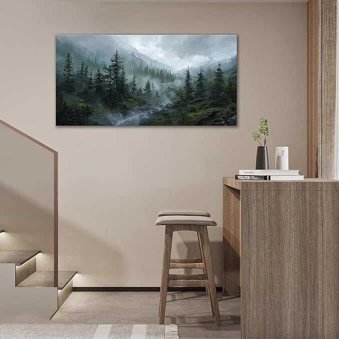 Large Forest Wall Art Nature Misty Mountain Canvas Living Room Tree Landscape Pictures Framed Prints Oversize Wall Decor Painting Artwork for Bedroom Dining Home 60"x30"