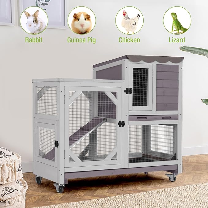 GUTINNEEN Rabbit Hutch Indoor Outdoor 2 Story Bunny House on Wheels Wood Rabbit Cage with 2 Pull Out Trays Guinea Pig Cage (Gray)
