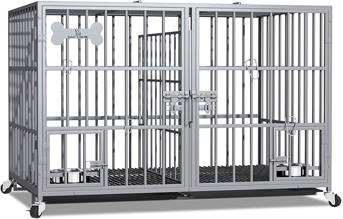 aboxoo 42/48 inch Heavy Duty Metal Dog Crate for 2 Dogs/Large Dog,All Metal Open Top,Dog Kennel Indoor with Wheels,Floor Grid, Tray, Divider and Feeding Bowl (Sliver)