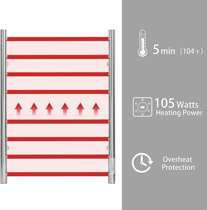 KEG Towel Warmer Wall Mounted with Built-in Timer 8 Bars Electric Stainless Steel Heated Towel Racks for Bathroom, Hot TW-8-PC Towel Warmer 8 bars polish chrome