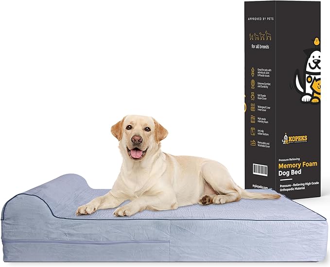 KOPEKS Orthopedic Memory Foam Dog Bed 7" Inch Thick Extra Large Dog Bed With Pillow Grey 50"x34"x10" Includes Waterproof Liner and Durable Removable Cover With Smart Design