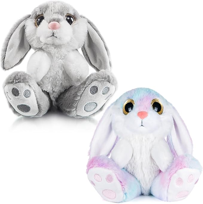 My OLi Bunny Stuffed Animal Pack of 2 Plush Rabbit 7in Stuffed Bunny with Floppy Ear Bedtime Friend Soft Toy Gifts for Girls Boys Kids, Gray & Rainbow