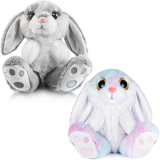 My OLi Bunny Stuffed Animal Pack of 2 Plush Rabbit 7in Stuffed Bunny with Floppy Ear Bedtime Friend Soft Toy Gifts for Girls Boys Kids, Gray & Rainbow