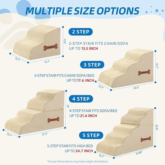 5-Step Spliceable Pet Stairs: Indoor& Outdoor Multi-Use with a Removable Cover and a Pocket, Best for Small Pets and Older Dogs Who Has Spine and Arthritis Issues to Get on High Beds, Beige（22.8" H）