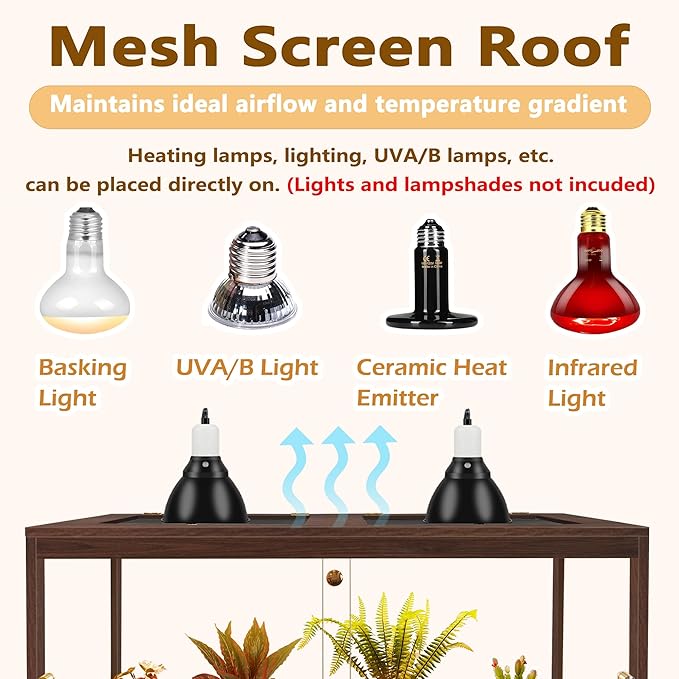 PROLEE Bearded Dragon Tank,60 Gallon Reptile Tank with Meatl Mesh Roof and Front Sliding Door, Anti-Scratch Lizard Tank,Spacious Reptile Enclosure for Snakes,Lguanas, Chameleons(Walnut)