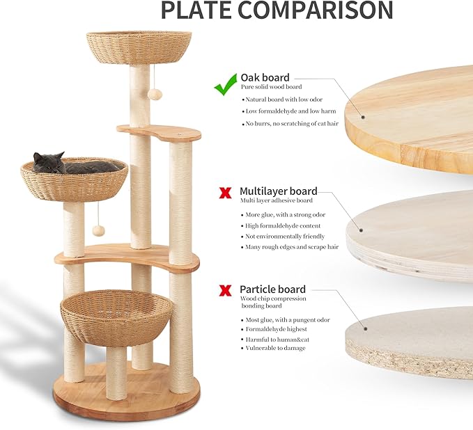 54" Modern Cat Tree Tower for Indoor Cats, Oak Cat Scratching Tree for Multiple Large Cats, Manual Hand Woven Luxury Cat Condo, Unique High-end Design Cat Furniture Activity Centre, Easy Clean