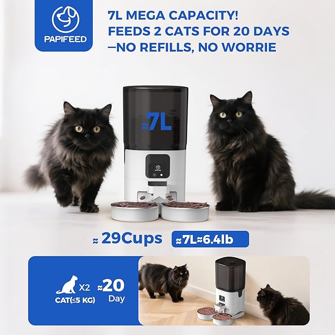 PAPIFEED 7L Automatic Cat Feeders for 2 Cats - 2.4G WiFi Timed Auto Feeder with APP Control, Cat Food Dispenser with Alexa for Multiple Cats, Detachable for Easy Clean, 1-10 Meals Per Day - White
