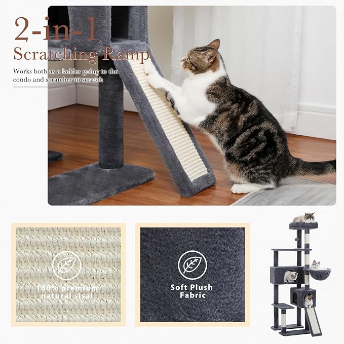 PAWZ Road Cat Tree, 60 Inches Cat Tower with Dual Condos, Spacious Perch, Cozy Basket and Sisal-Covered Scratching Posts for Indoor Cats- Dark Gray