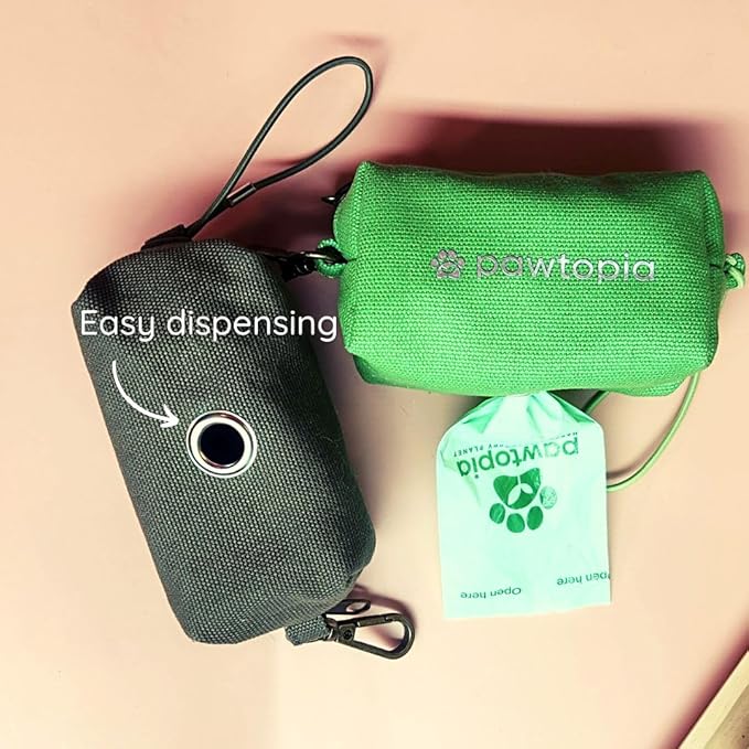 Pawtria Bundle Product of 120 Pet Waste Bags and 1 Canvas Dispenser (Pink), Vegetable Starches, Eco-friendly Dog Waste Bags, Leak proof, Easy to Open, Give Back, Fabric poop bag holder…