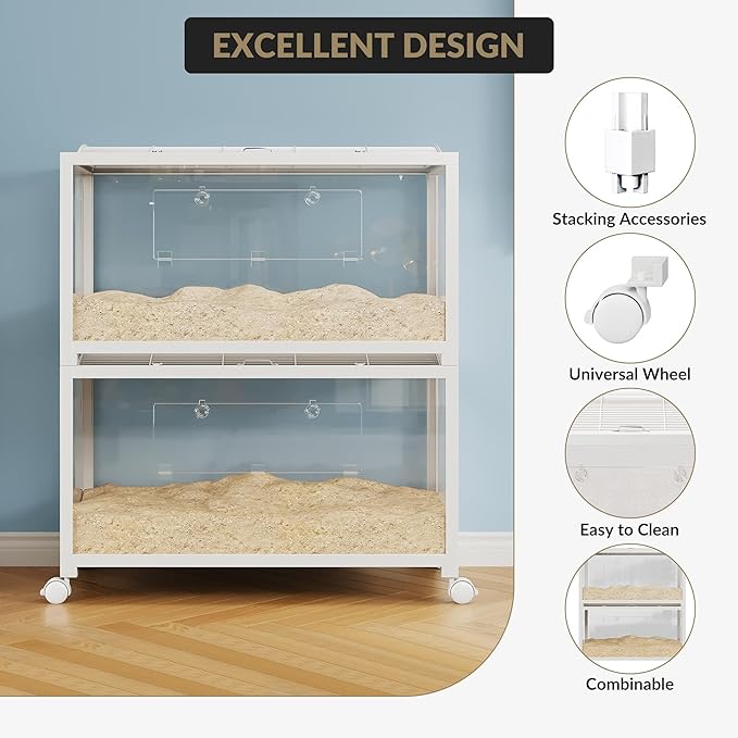 Large Metal Hamster Enclosure Rat Cage with 360 Viewing Acrylic Sides, Ventilated Front Door & Openable Top, Portable Hamster Tank for Guinea Pig, Chinchilla, Gerbil, 37.8''Lx18.5''Wx20''H White