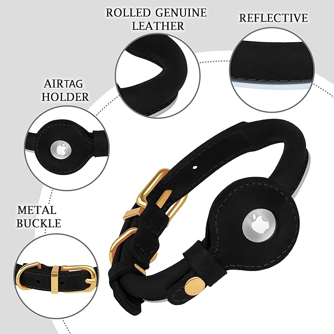 OOPSDOGGY Rolled Leather Dog Collar with Airtag Holder - Reflective Round Airtag Dog Collar - Soft Tracking Pet Collar for Small Dogs Puppy Cats Kitten (Black, M, 12"-15")