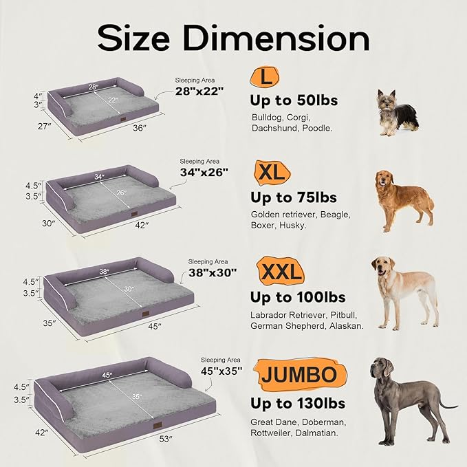 Large Dog Bed Orthopedic Washable, Orthopedic Dog Beds with Egg Foam Support, Removable, Machine Washable Plush Cover and Non-Slip Bottom for XXLarge Extra Large Dogs - Purple Dogs Bed