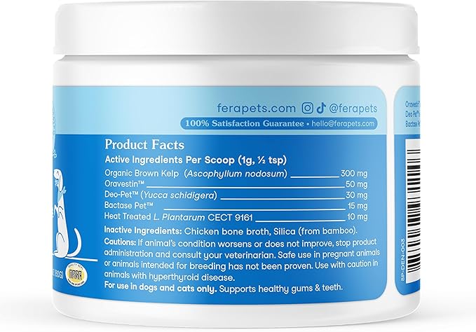 Fera Pets Cat & Dog Dental Support Powder - Supports Fresh Breath - Promotes Healthy Teeth and Gums - Targets Tartar Build-Up - Includes Kelp, Enzymes & Postbiotics - 60 Scoops