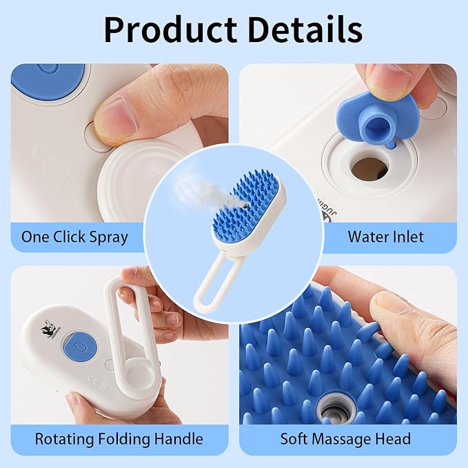 Cat Steam Brush for Shedding,4 in 1 Grooming Brush for Cats and Dogs,Deshedding,Massage,Cleaning & Anti-Static All In One,Suitable for Long & Short Haired Pets,Includes Waterless Shampoo,Blue