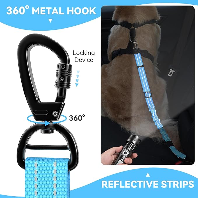 Pawaboo 2Pack Dog Seatbelt for Car, 3-in-1 Dog Seat Belt Bungee, Shockproof Dog Tether for Car with Buckle & Hook Latch, Adjustable Reflective Dog Car Harness Leash with 360° Lockable Buckle, Blue