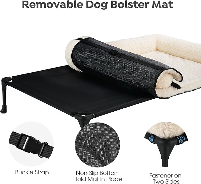 Veehoo Cooling Elevated Dog Bed Add Removable Deluxe Rose Plush Bolster Cushion Mat, 41" x 27" Washable Dog Couch Bed, Raised Pet Cot with Breathable Teslin Mesh, No-Slip Feet, White, CWC2439B