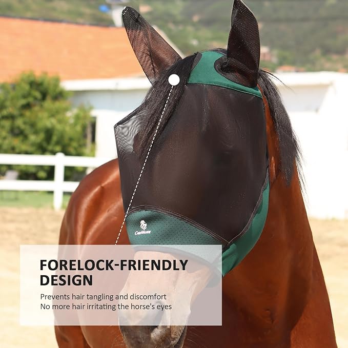 Horse Fly Mask Large Space Breathable UV Protection Equine Mask with Reflective Features on Ears Hunter Green M