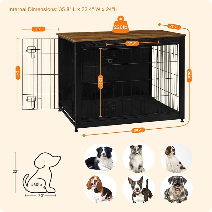 DWANTON Dog Crate Furniture with Cushion, Wooden Kennel Table with Double Doors, Indoor Dog House, Large Size, 38.5" L, Black+Warm Brown