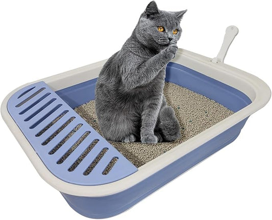 Senior Cat Litter Boxes, Collapsible Open Low Entry Cat Litter Pan with Scoop Travel Kitty Potty Pan Foldable Pet Toilet for Sick Disabled Older Elderly Cats 20.9x15.7x5.7 inch
