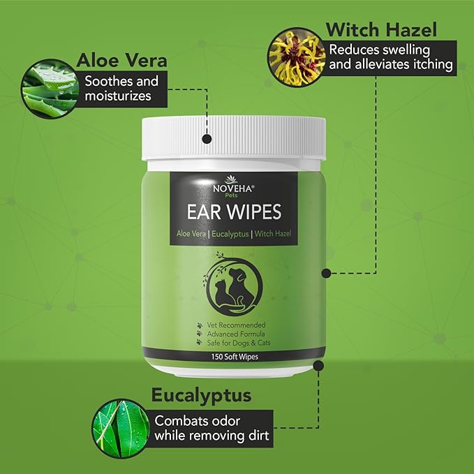 NOVEHA - Dog Ear Cleaner Wipes, Daily Ear Cleaner for Dogs & Cats - Stop Ear Itching with Aloe, Eucalyptus & Witch Hazel Ear Wipes for Dogs - for Odor Control, Dirt and Wax Removal, Unscented (150 Ct)