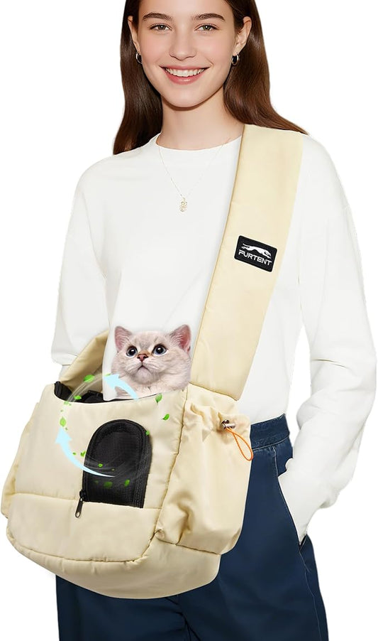 Cat Sling, Dog Carrier Sling for Kitten and Puppy up to 8.8 lbs, Breathable Cats Carrier Pouch Pet Purse with Soft Mat, Hands-Free Pet Carrier with Safety Harness and Pockets for Travel, Yellow