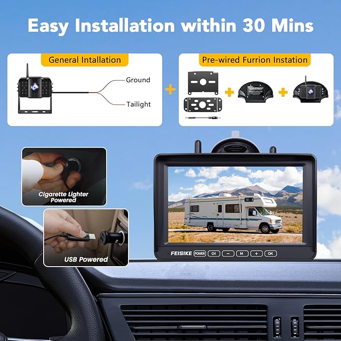 RV Backup Camera Wireless with 7" 1080P Monitor, for Furrion Pre-Wired RV, 4-Channel Split Screen System, Loop Recording, IR Night Vision, Wide Rear View Camera for Truck, Trailer, Camper